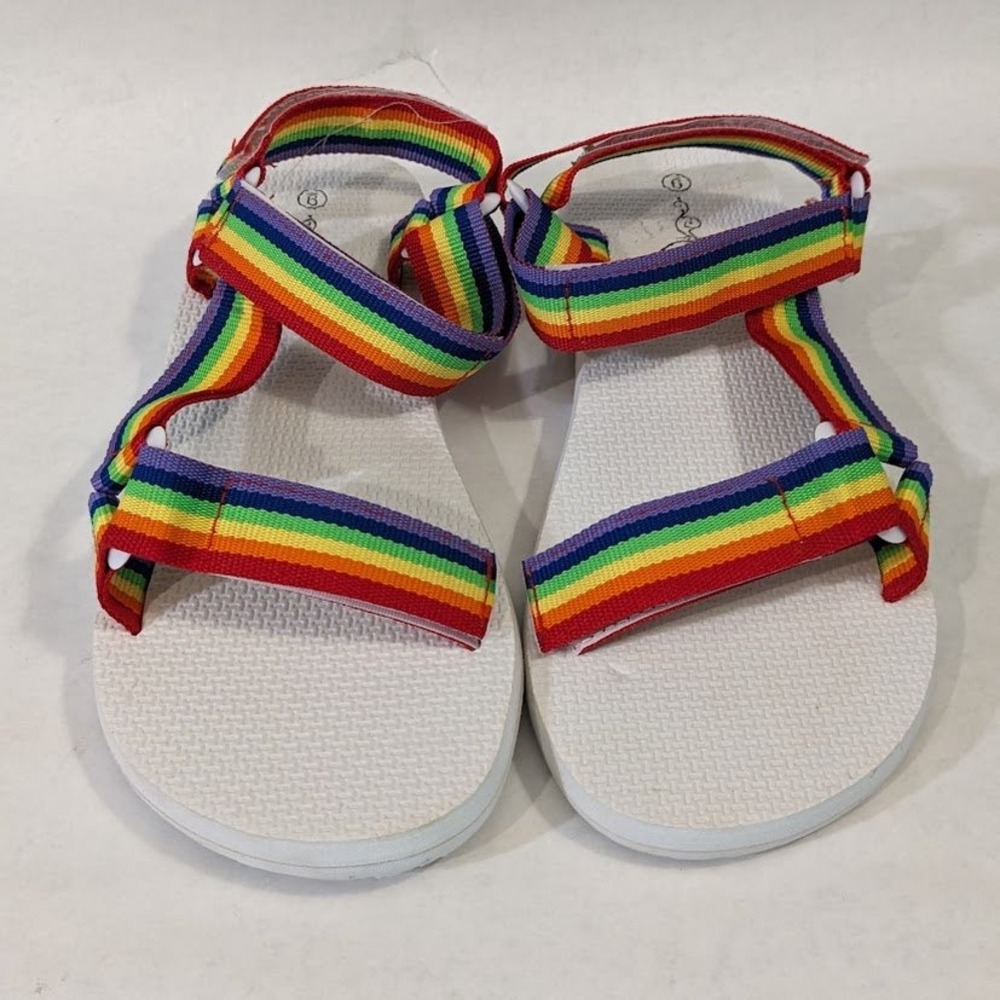 Sole Mates Rainbow Strap Sandals Womens sz 9 White Sport Sporty Pride Hook Loop